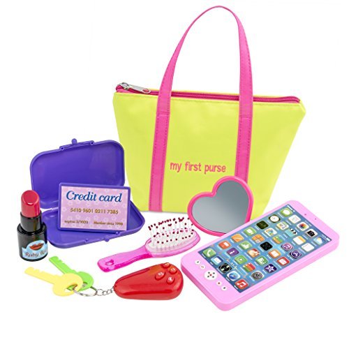 My First Purse for Girls or Boys :: Includes Play Phone and Keys With Sound Effects Plus Mirror, Hairbrush, Wallet, Credit Card, & Pretend Lipstick in Zippered Tote :: Makes a Great Kid's Gift