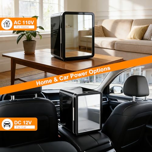 VANZBON Mini Fridge, Mini Compact Refrigerator with Gaming Light, 4 Liter/6 Cans Small Refrigerator with Mirror Door, AC/DC Portable Mini Cooler and Warmer Fridge for Bedroom, Car and Gaming Room