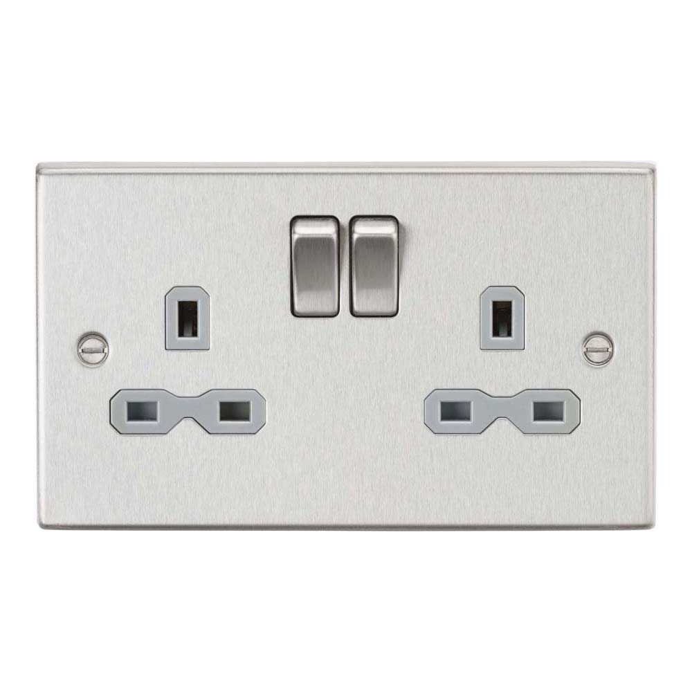 13A 2G DP Switched Socket with Grey Insert - Square Edge Brushed Chrome