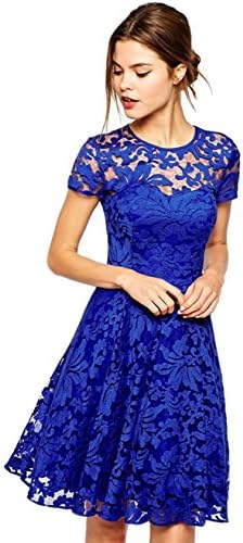 Amoluv Women Round Neck Short Sleeve Pleated Lace Slim Dress