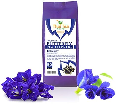 Dried Butterfly Blue Pea Flowers for Enhancing Hot &amp; Cold Teas - 100% Organic No Pesticide Free Natural Dried Thai Herbals, 50 grams (1.75 oz)
