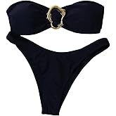 SHENHE Women's 2 Piece Strapless Swimsuits High Cut Metal Ring Tube Top Bandeau Bikini Set