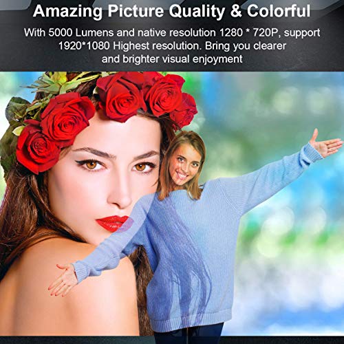 GRC Video Projector, 5000 Lux 1920x1080 Supported Full HD Native 720P Mini Movie Projector, with Built-in HiFi Sound Speaker, Compatible with TV Stick, HDMI, USB , AV, DVD for Multimedia Home Theater