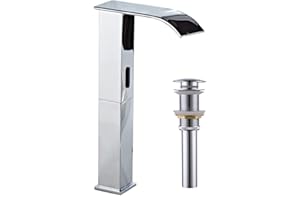YCCUZA Automatic Sensor Bathroom Vessel Sink Faucet Chrome Waterfall Electronic Motion Faucet Touch-Less Hands Free Energy Saving Water Tap AC/DC One Hole Lavatory Vanity Basin Faucet Pop up Drain Include