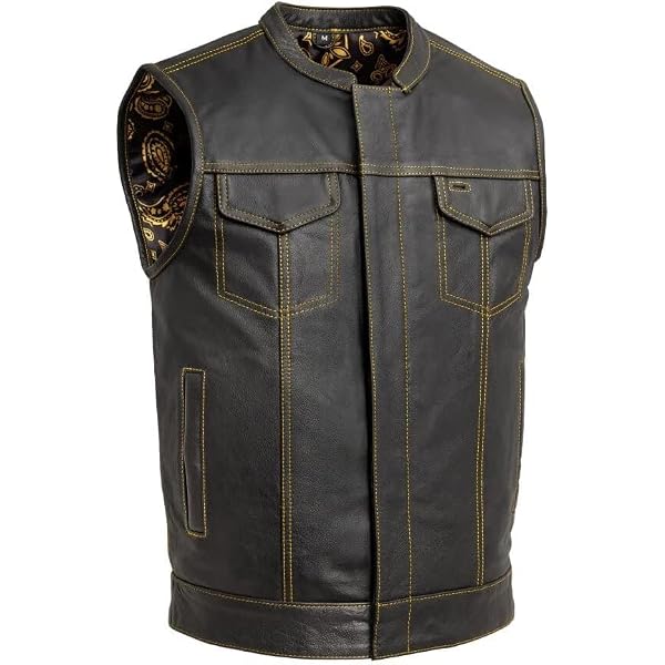 Men's Genuine Cowhide Leather Biker Vest - Black Motorcycle Vest With Silver Studs, Epaulettes, Zip Pockets, Brando Style