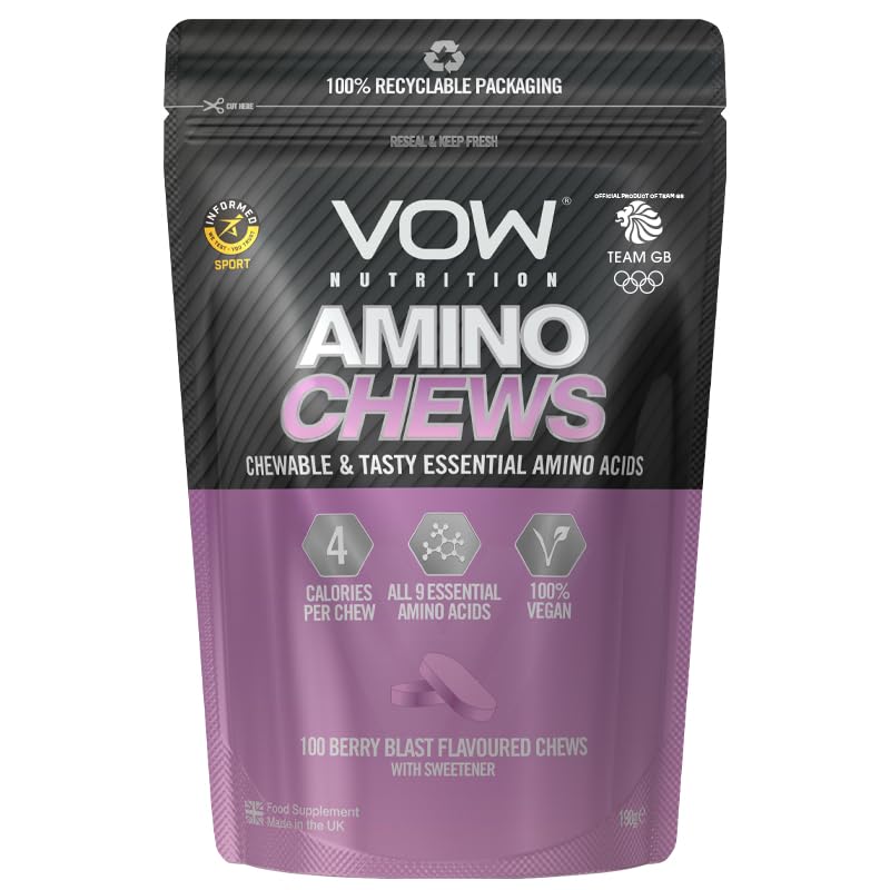 Vow Amino Chews, Chewable and Tasty Essential Amino Acids, BCAA, EAA Complex, L-Leucine, L-Lysine, L-Valine, L-Isoleucine, Vegan, Informed Sport Approved (Berry Blast)