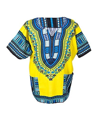 Unisex African Dashiki T Shirt, Tribal Short Sleeve Bright Colour Classical Comfortable Large Blend Festival Shirts Tops Blue