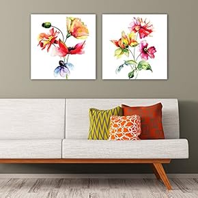 2 Panel Square Canvas Wall Art - Watercolor Style Red Flowers on White Background - Giclee Print Gallery Wrap Modern Home Art Ready to Hang - 12"x12" x 2 Panels