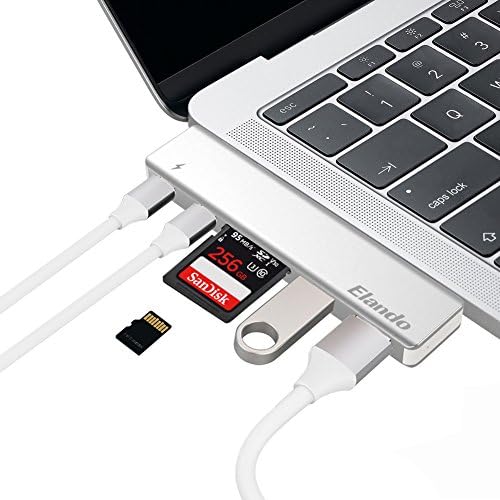 Elando USB C Hub, Aluminum Type-C Hub Adapter Dongle for MacBook Pro 13" and 15" 2016/2017, 40Gbps Thunderbolt 3, USB-C Power Delivery, SD and Micro SD/TF Card Reader, 2 USB 3.0 Ports, Silver