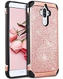 Huawei Mate 9 Case, BENTOBEN Glitter Sparkly Bling Dual Layer Slim Hard Case Laminated with Luxury Shiny Faux Leather Chrome Shock Absorption Bumper Case for Huawei Mate 9 (2016),Rose Gold/Black