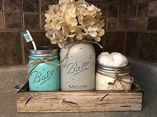Ball Mason Jar BATHROOM SET Antique WHITE Tray ~Toothbrush, Quart Jar (flower optional) Cotton Ball Holder ~Canning JARS PAINTED Distressed Stainless Steel Silver Accessories Gray Blue Green Cream Tan