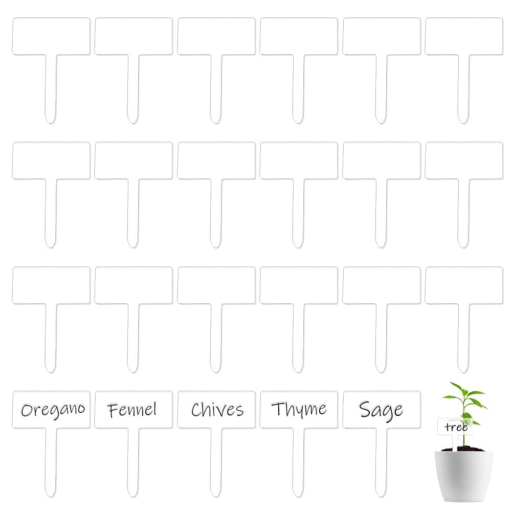 MAYJOYDIY 24pcs Acrylic Plant Labels Clear T-Type Plant Tags Plant Markers Garden Labels Herb Name 7×5cm Waterproof Plant Signs for Outdoor Indoor Herbs Flowers Vegetable Potted Plants