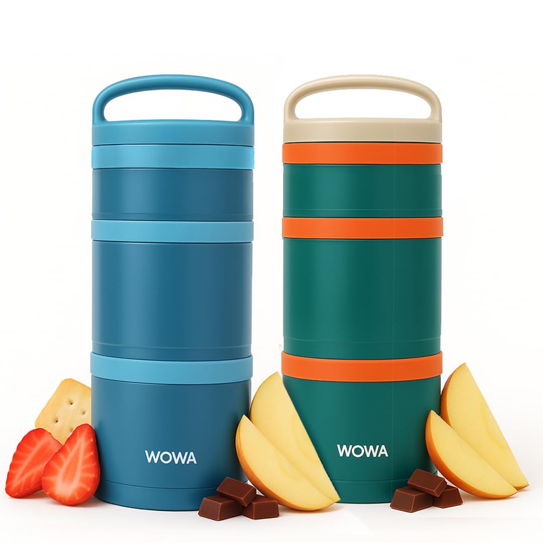 WOWA Kids Snack Box 2 Pack with Compartments Stackable Design, Organise Snacks for School, Traveling, Days Out - Fits in Diaper Bags, Lunch Bags & Backpacks BPA Free - Dishwasher Friendly Snack Boxes