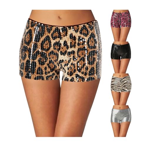 Leopard Print Shorts, Leopard Print Sparkly Mini Shorts, Womens High Waist Hot Pants, Night Going Out Bottoms for Festival Dance Party