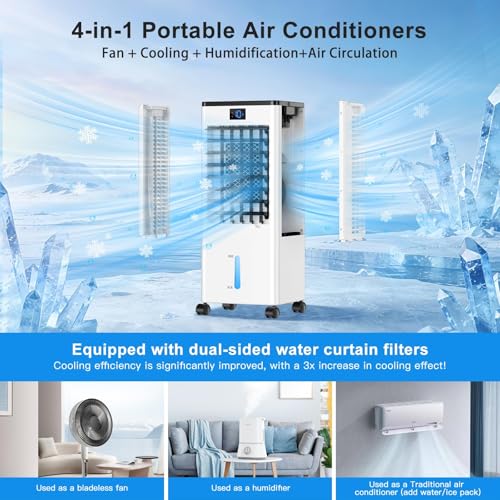 Portable Air Conditioners,3-in-1 Evaporative Cooling Fans that Blow Cold Air, 4 Modes 3 Speeds, 12H Timer & Remote, 120°Oscillation, Windowless Portable AC Swamp Cooler w/ 8L Tank for Home Bedroom