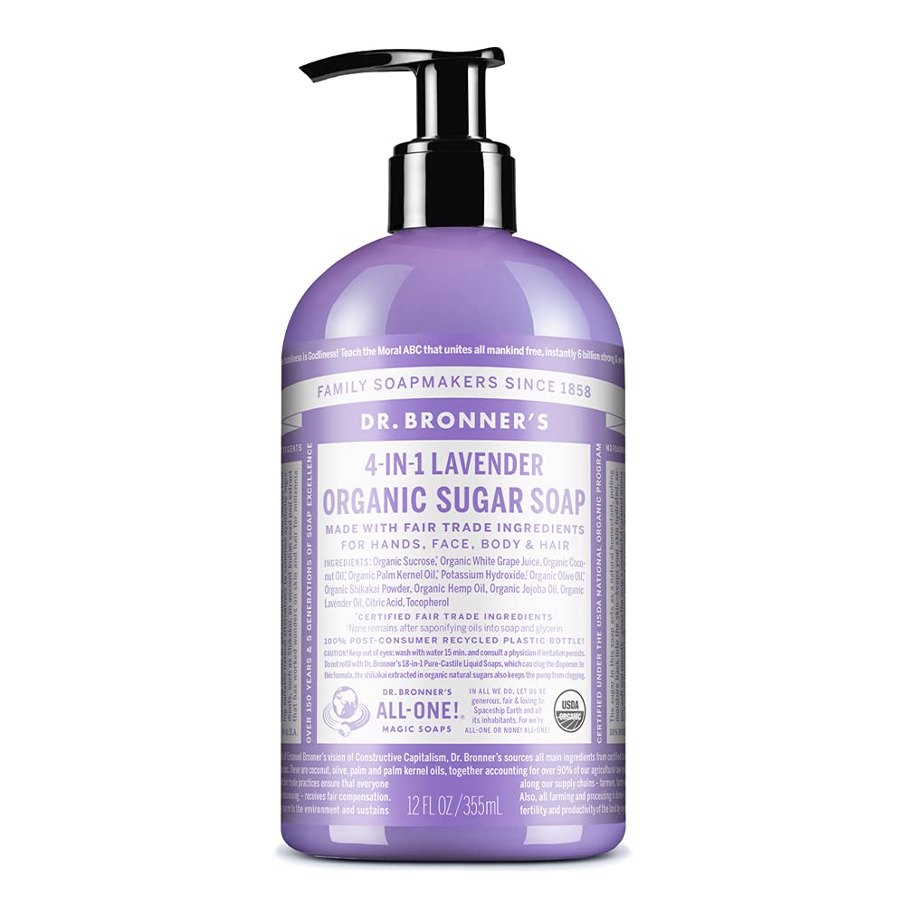 Dr Bronner’s 4-in-1 Organic Lavender Sugar Soap, Made with Organic Oils, Sugar and Shikakai Powder. For Hands, Body, Face & Hair. Fair Trade Certified & Vegan Friendly, 335ml Recycled Pump Bottle