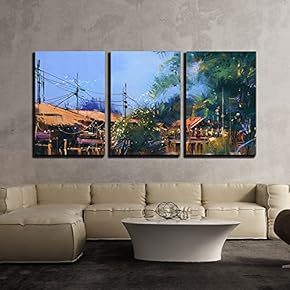 Old Fishing Village Oil Painting Style x3 Panels
