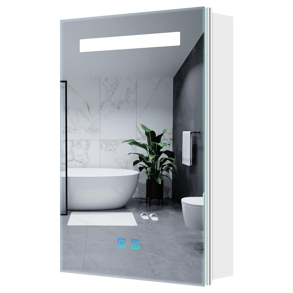 Quavikey® LED Bathroom Mirror Cabinet With Shaver Socket and Anti-Fog Demister for Bathroom,3-Color Dimmable Lighting for Makeup and Shaving, Overhead Interior Illuminated, Wall Mounted,White, 40x60cm