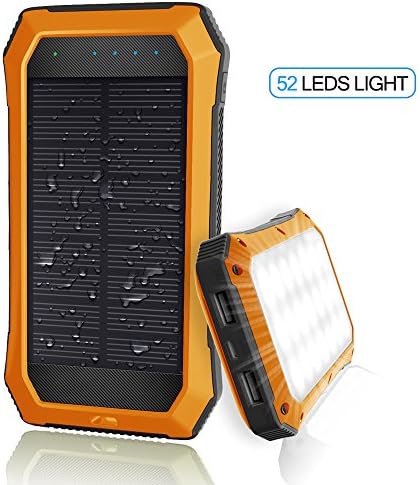Solar Charger with Strong LED Flashlight, 10000mAh Solar Phone Charger with Dual USB Port, Outdoor Solar Power Bank Built-in 52LED Flashlight for Camping, Travelling and other Activities Orange