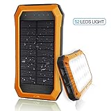 Solar Charger with Strong LED Flashlight, 10000mAh Solar Phone Charger with Dual USB Port, Outdoor Solar Power Bank Built-in 52LED Flashlight for Camping, Travelling and other Activities Orange