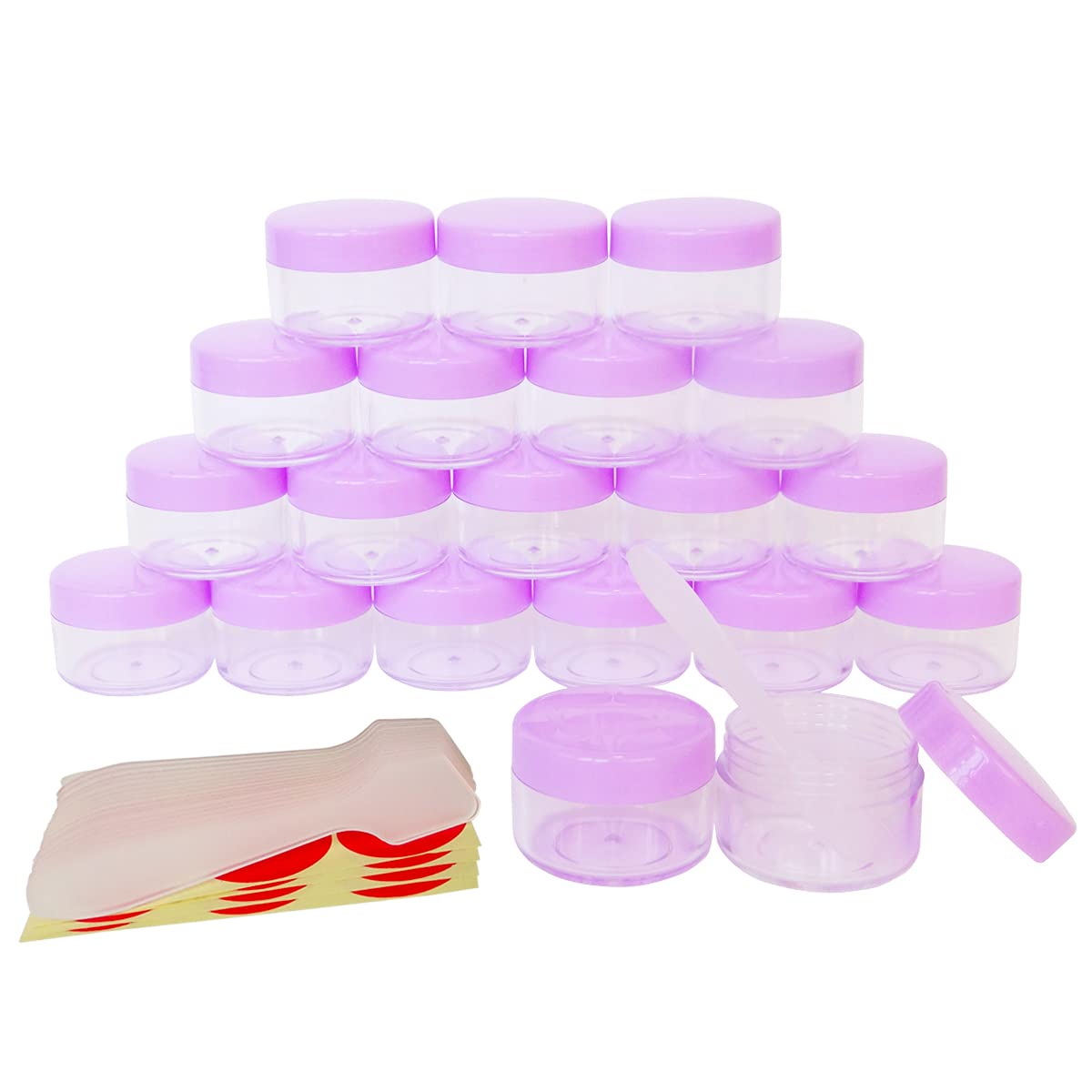 Wopanxye 20pcs 15 Gram Empty Jars, Small Cosmetic Sample Container, 15ml Plastic Round Pot Purple Screw Cap Lid, Tiny 15g Bottle for Makeup Eye Shadow Nails Powder Creams Lip Balm, Free 20 Spatulas
