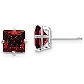 14k White Gold Garnet Stud Earrings for Women, Square Princess Cut Red Gemstones with Prong Setting, Minimalist Everyday or Formal Jewelry, January Birthstone Modern Elegant Gold Studs 7mm