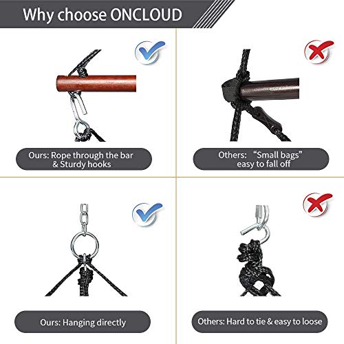 ONCLOUD Upgraded Unique Hammock Hanging Sky Chair, Air Deluxe Swing Seat with Rope Through The Bars Safer Relax with Fuller Pillow and Drink Holder Solid Wood Indoor/Outdoor Patio Yard 250LBS (Red)