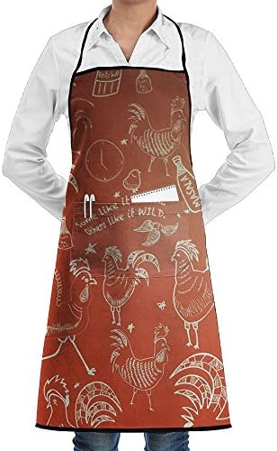 Kitchen Bib Apron Neck Waist Tie Center Kangaroo Pocket Cock Printing Waterproof