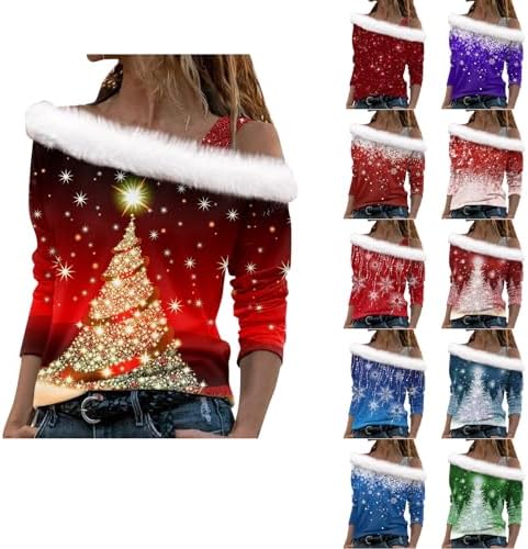 Angxiwan Snowman Jumper Christmas Tops for Women UK Fleece Lined Diagonal Neckline Tunic Shirts Sparkly Snowflake Xmas Trees Print Christmas Scrubs