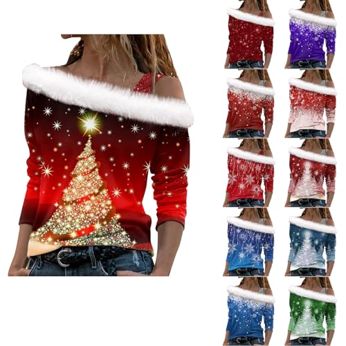 Angxiwan Snowman Jumper Christmas Tops for Women UK Fleece Lined Diagonal Neckline Tunic Shirts Sparkly Snowflake Xmas Trees Print Christmas Scrubs
