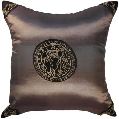 Royal Asian Elephant -18x18 Inches, Embroidered Royal Asian Elephant on Silk Decorative Pillow Cover. (Metallic Silver)