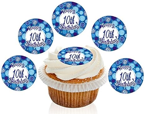 12 Large Pre Cut Happy 10th Birthday Blue Swerl Edible Premium