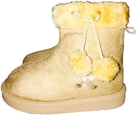 Cross Lace Fur Trim Fashion Print Footwear Toddler Girls Pom Pom Ankle Boots (Little Kid 2M, Beige)