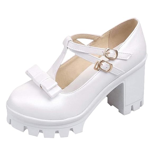Vitalo Damen T Strap Plateau Pumps High Heels mit Blockabsatz und Riemchen Schleife Rockabilly Cosplay Lolita Schuhe