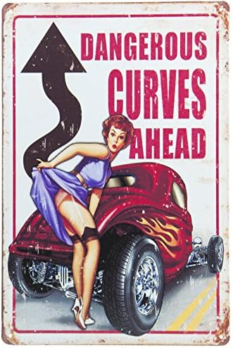 Dangerous Curves Ahead Metal Tin Sign, Tin Poster,Retro Vintage Tin Sign