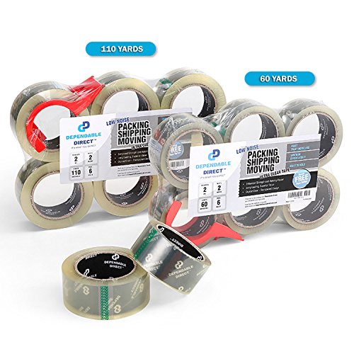Quiet, Industrial Grade Clear Packing Tape (6 Rolls) - 60 Yards per Roll - 2" Wide x 2.7 mil Thick, Acrylic Adhesive Heavy Duty Tape for Box Office Moving Packaging Shipping, Free Tape Cutte