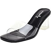 vivianly Women's Low Block Heels Sandal Square Open Toe Chunky High Heels Slip on Heeled Sandals Mules Slide for Party Wedding Dress Shoes