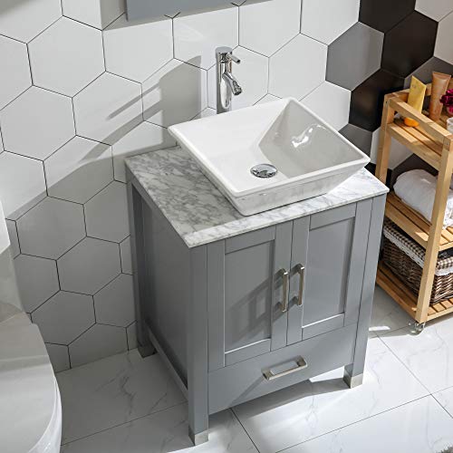 24" Grey Bathroom Vanity Cabinet and Sink Combo Glass/,Marble Top Wood w/Sink Faucet &Drain set (Solid Wood + Marble Top)