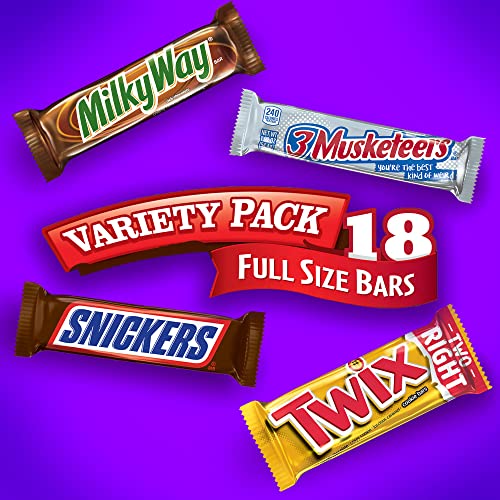SNICKERS, TWIX, MILKY WAY & 3 MUSKETEERS INDIVIDUALLY WRAPPED VARIETY PACK FULL SIZE MILK CHOCOLATE CANDY BARS BULK ASSORTMENT, 33.31 OZ, 18 BARS