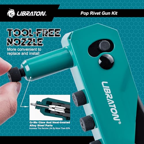 Libraton Professional Rivet Pliers, Pop Riveter, Blind Rivet Pliers, Manual Rivet Gun, Riveting Tool with 120 Blind Rivets, 4 HSS Drills, 4 Interchangeable Nozzles Without Tool