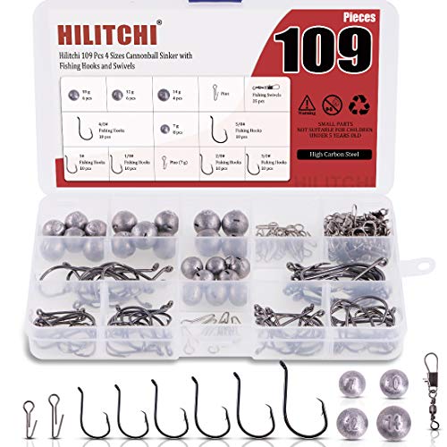 Hilitchi 109 Pcs 4 Sizes Bullet Weights Cannonball Sinkers, Circle