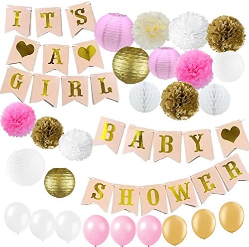 Kubert Decorations BABY SHOWER & IT'S A GIRL Garland Bunting Banner Tissue Paper Flower Pom Poms Paper Lanterns Paper Honeycomb Balls Pink/White/Gold/Cream Party Decoration Nursery Room Decor