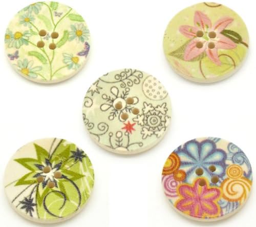 Kimter Wooden Round Button 25mmx25mm Flower Pattern Carved 4 Holes Fixed Mixed Cute Flower Classical Simple Buttons For Sewing Craft Pack of 50pcs