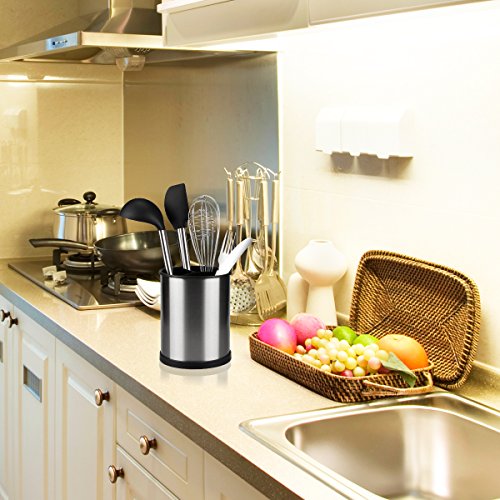 Kitchen Utensil Holder, Aiduy Utensil Container Flatware Caddy Utensil Crock Kitchen Tool Organizer with Drain Holes - Premium Brushed Stainless Steel - Thumbnail 6