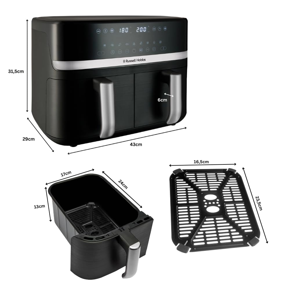 Russell Hobbs Heißluftfritteuse 2 Kammern 9L Rapid AirFryer [2 Fächer je 4,5l, sehr leiser Betrieb, 9 Programme] SatisFry Fritteuse (spülmaschinenfest, Match & Synchronisierungsfunktion) 27681-56 9
