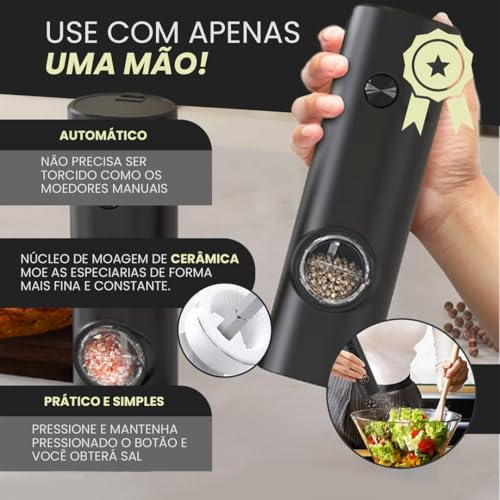 Kit 2 Moedor de Pimenta Elétrico Automático – Ajuste de Moagem, Luz LED, Recipiente Transparente para Sal, Pimenta e Temperos | Ideal para Cozinha e Churrasco Pilha Premium