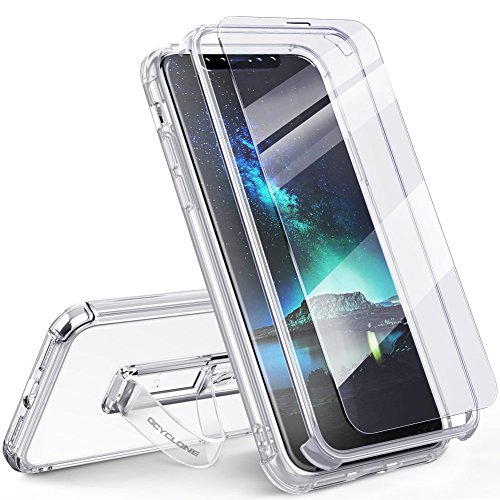 iPhone X Case Clear, Transparent Phone Cover with Finger Strap Kickstand Ring Stand Holder & 2pcs Tempered Glass Screen Protector 360 Bumper Drop Protection Cases for Apple iPhone X - Crystal Clear