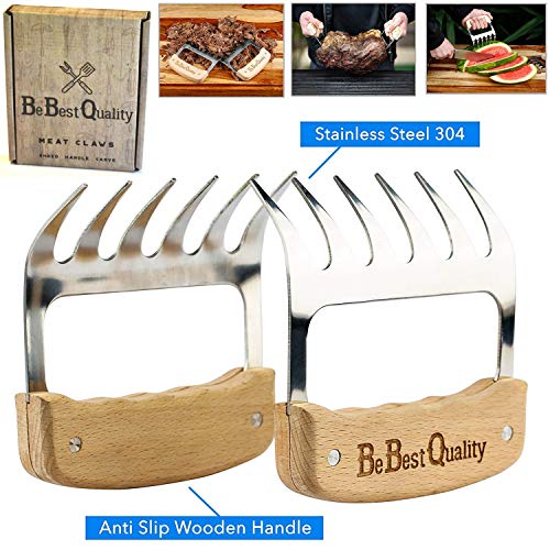 MCBInfinity Meat Claws Stainless Steel Shredders – Pull, Handle, Carve BBQ Pulled Pork, Brisket, Turkey – BPA-Free Metal Forks And Wooden No-Slip Grips For Grill, Smoker, Crockpot, 2 Bear Claws