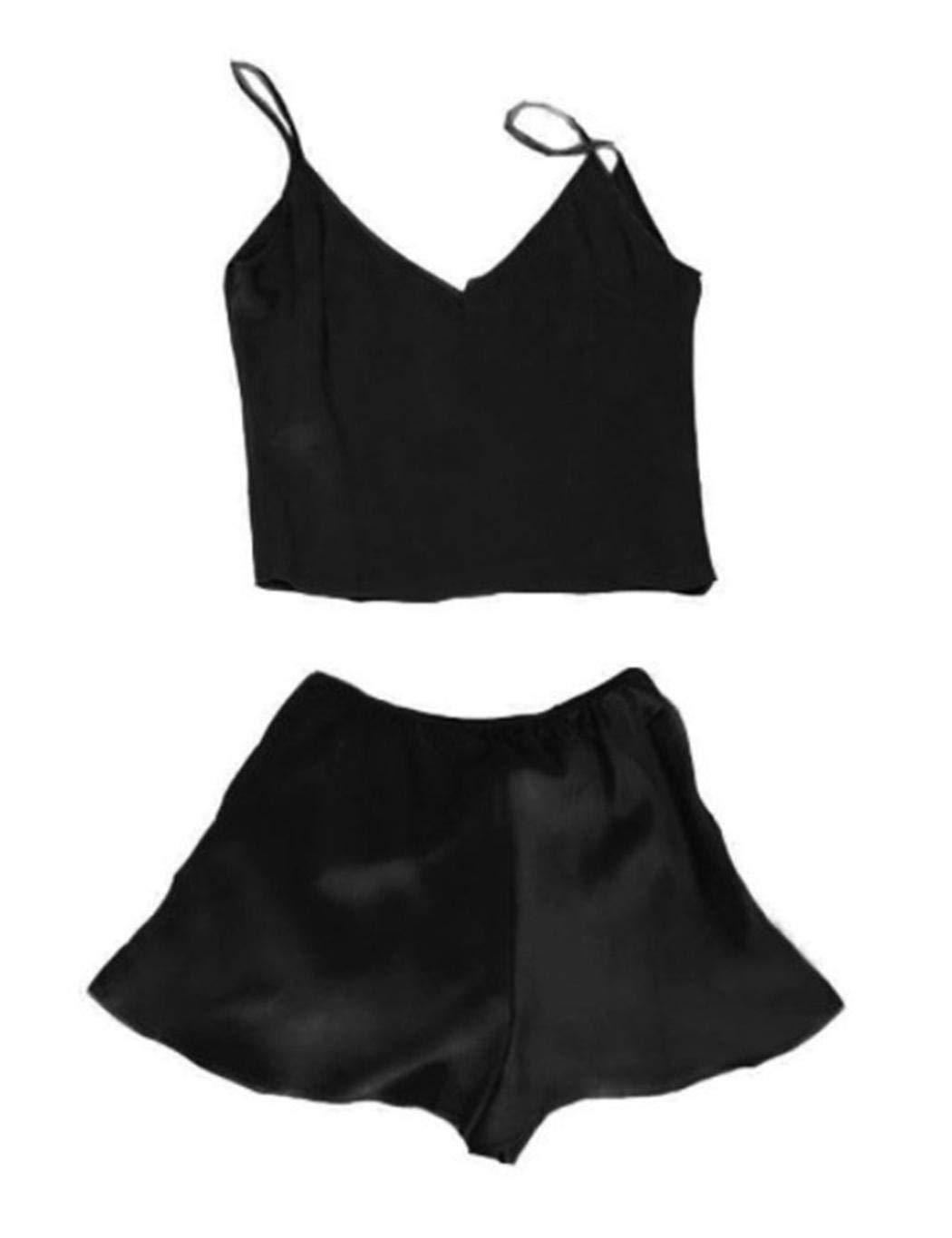 Women Home Summer Pajama Set Silk Backless Sleepwear Black