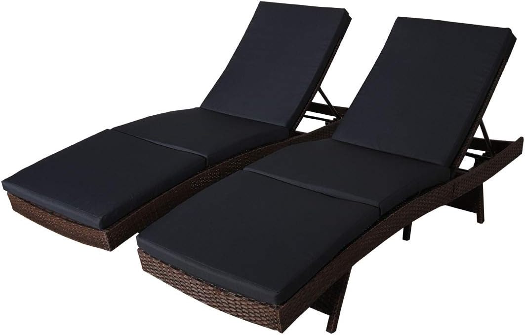 Patio Chaise Lounge Garden Furniture Patio Furniture Chairs PE Brown Rattan Wicker Chair Adjustable Cushioned Outdoor Home Lounger Pool Side Chairs (Navy Blue Cushions,Set of 2)